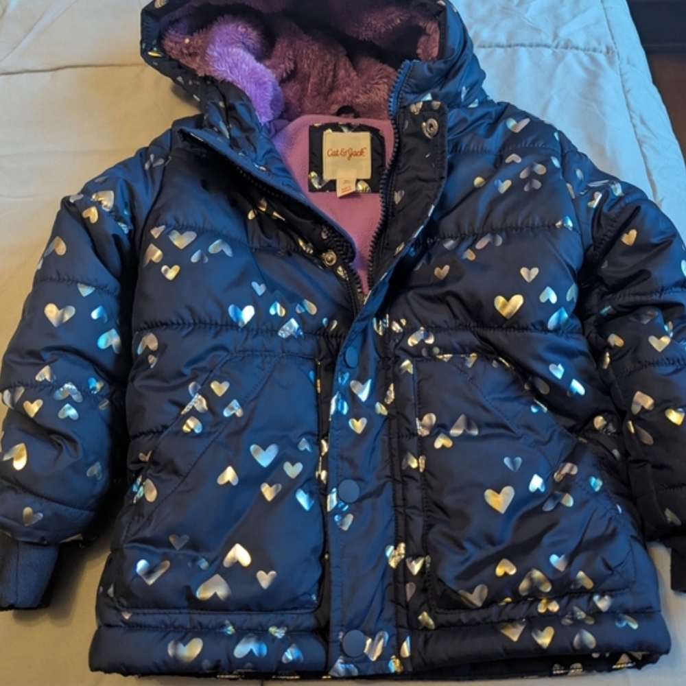Cat & Jack Navy Puffer Jacket with Metallic Hearts - Picture 1 of 10